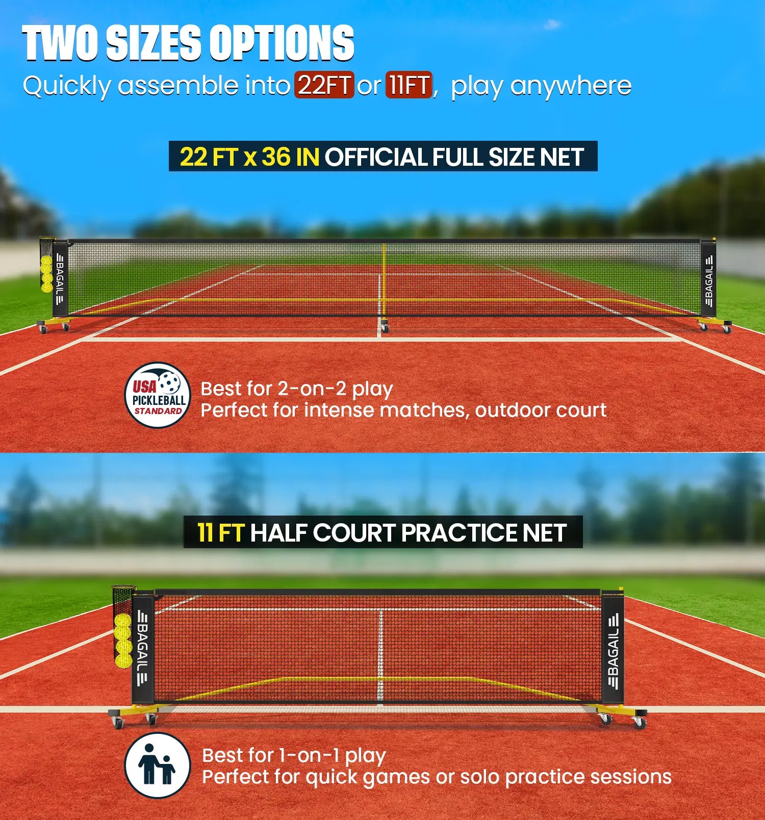 【Summervibes】Bagail Portable Pickleball Net Set with Wheels, 22 FT Regulation Size & 11 FT Half Court Size 2-In-1 Pickle Ball Net with Ball Collector, Carry Bag, 4 Pickle Balls, Easy Setup for Outdoor Indoor Tennis Men Game Racket Protector Outdoorfu