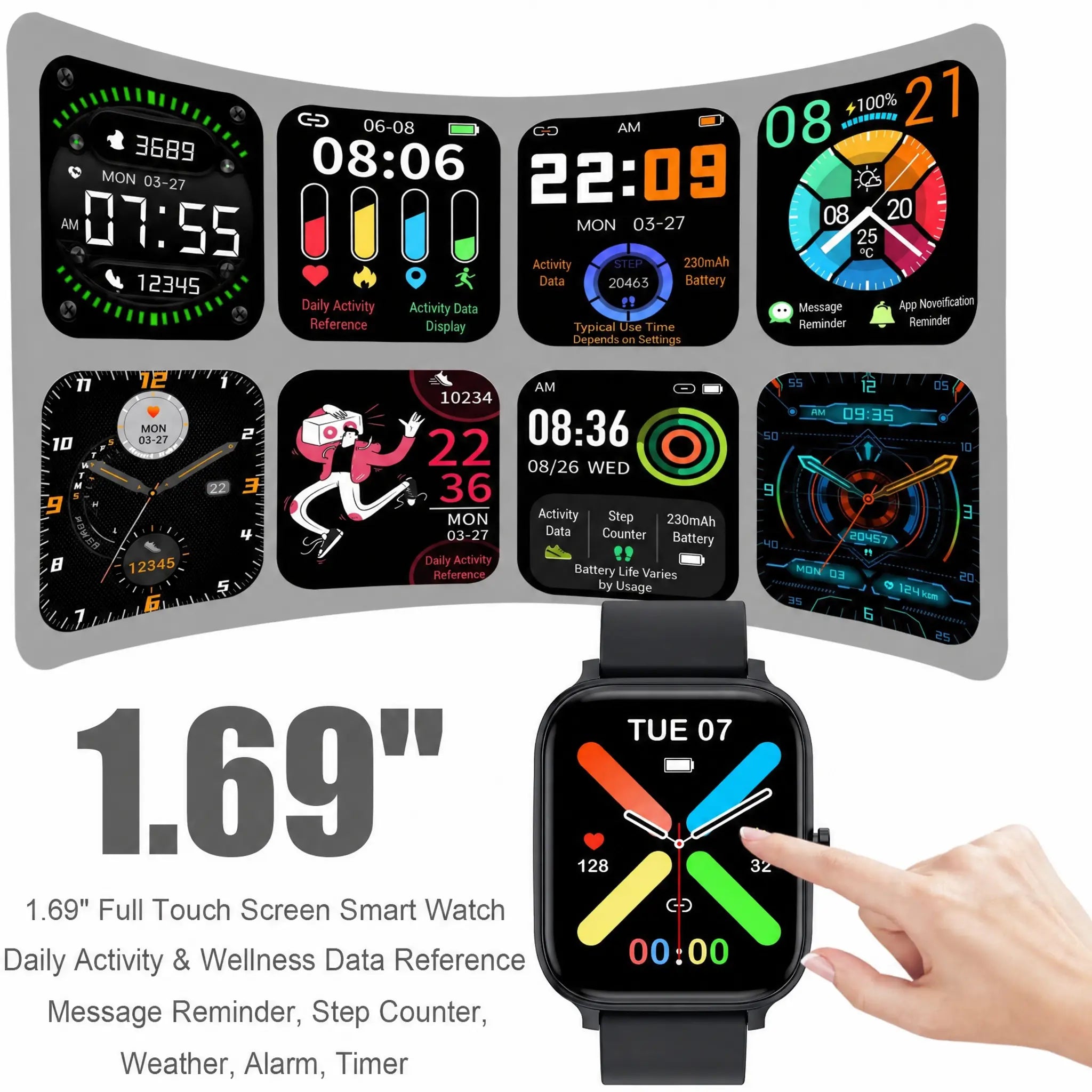 Smart Watch for Men and Women, 1.83" Touch Screen Lifestyle Watch with Message Reminder, Step Counter, Alarm, Timer, Music Control, Comfortable Strap, Compatible with Most Ios and Android Smartphones Fathersdaygift