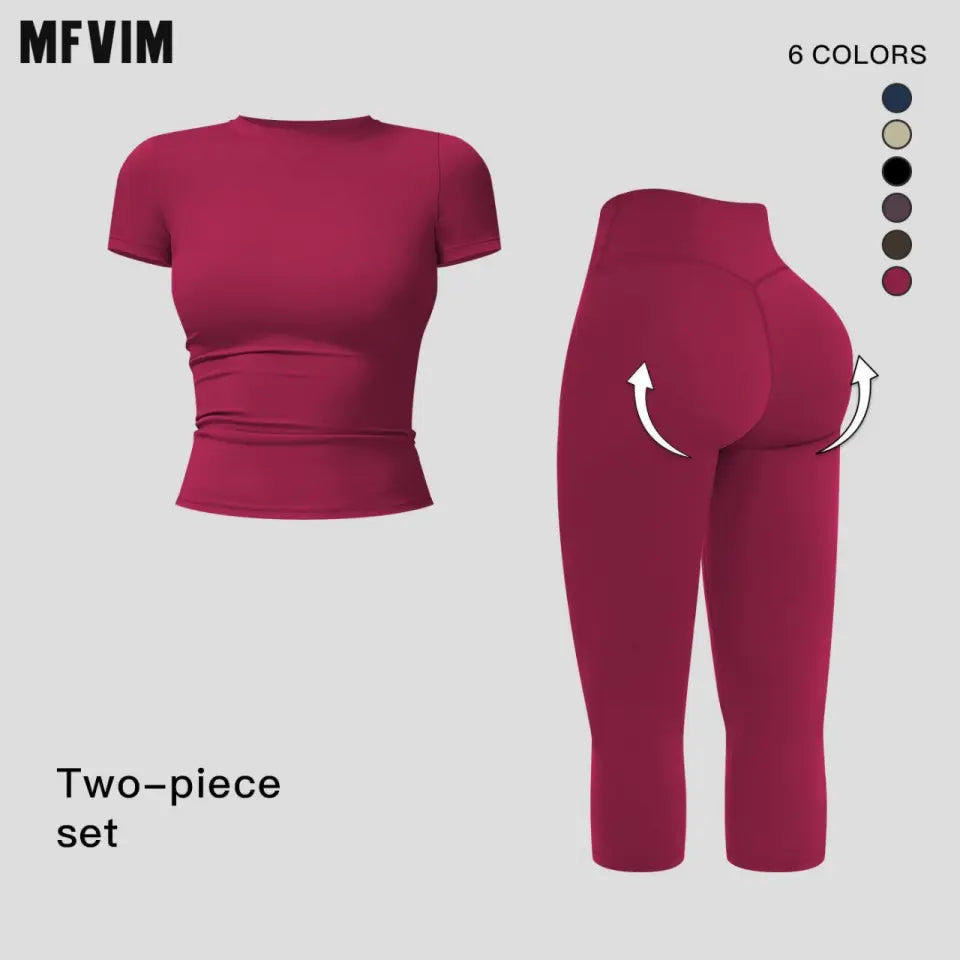 MFVIM Women’S Breathable Body-Shaping Yoga Outfit, High-Waisted Quick-Dry Fitness Wear, Versatile Three-Quarter Shorts Sports Set,Summerwins
