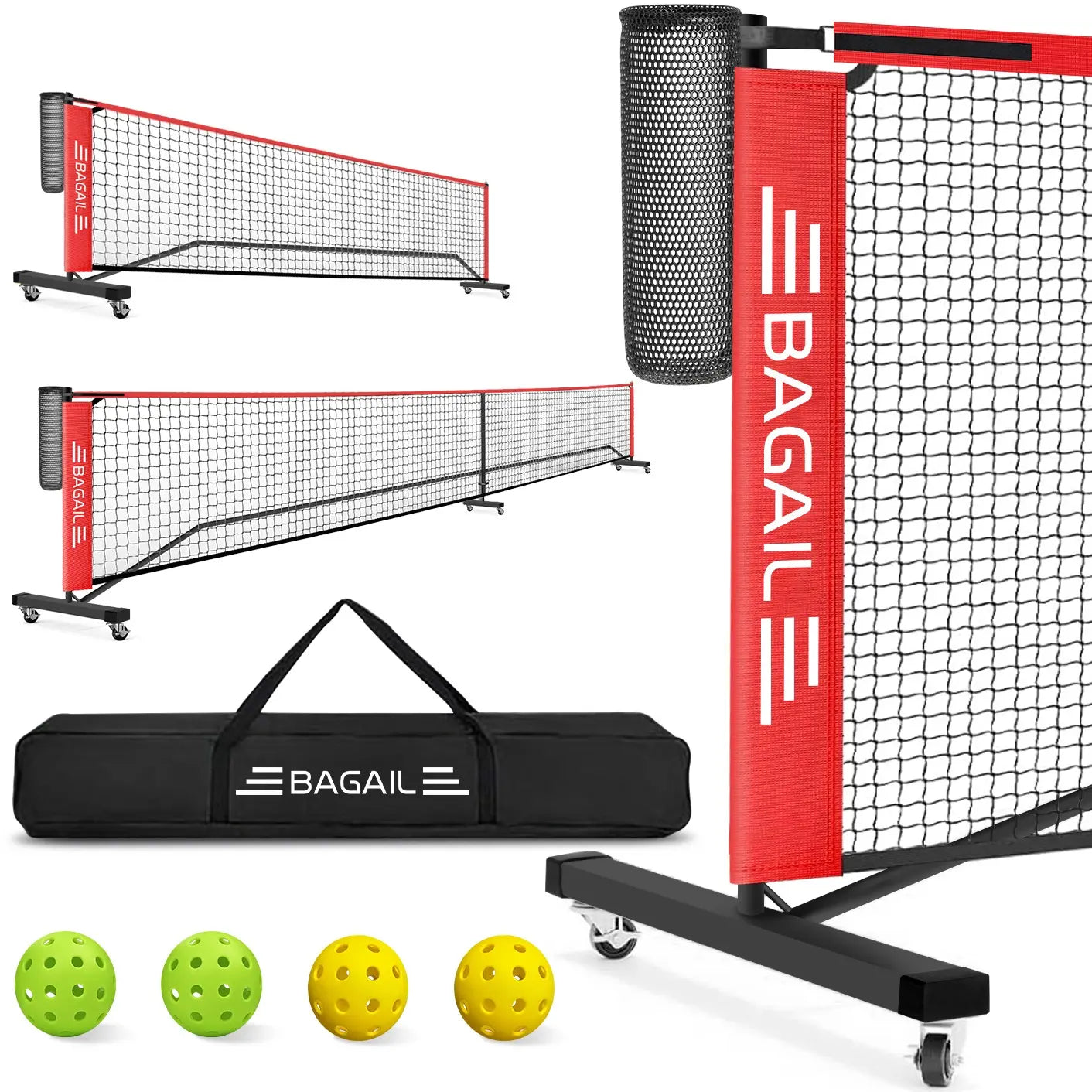 【Summervibes】Bagail Portable Pickleball Net Set with Wheels, 22 FT Regulation Size & 11 FT Half Court Size 2-In-1 Pickle Ball Net with Ball Collector, Carry Bag, 4 Pickle Balls, Easy Setup for Outdoor Indoor Tennis Men Game Racket Protector Outdoorfu